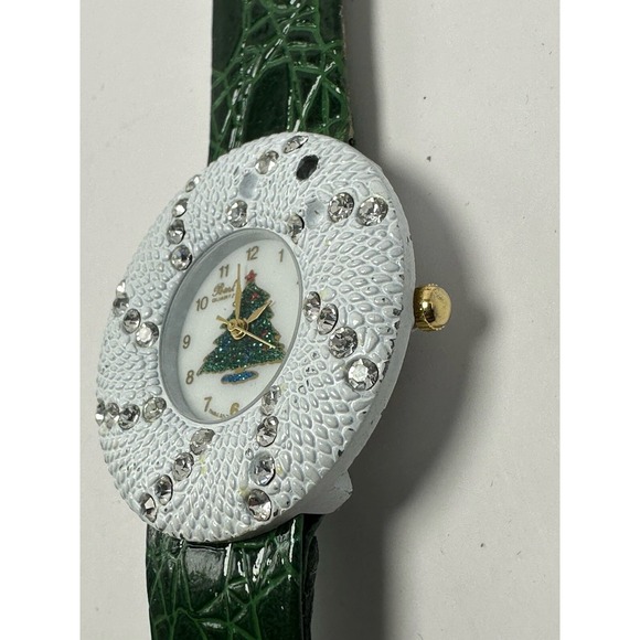 Pearl‎ Christmas Tree Ladies Watch New Battery 36MM 7" Green Leather Band C16 - Picture 3 of 12